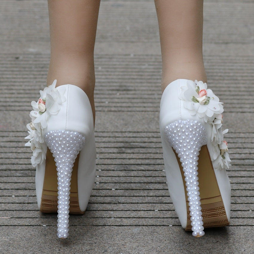 Women Almond Toe Pearls Flora Stiletto Heel Platform Pumps Bridal Wedding Shoes