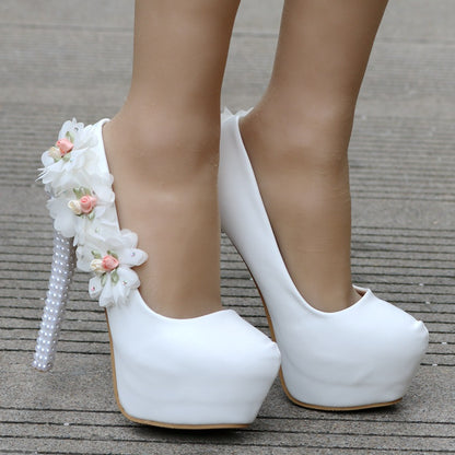 Women Almond Toe Pearls Flora Stiletto Heel Platform Pumps Bridal Wedding Shoes