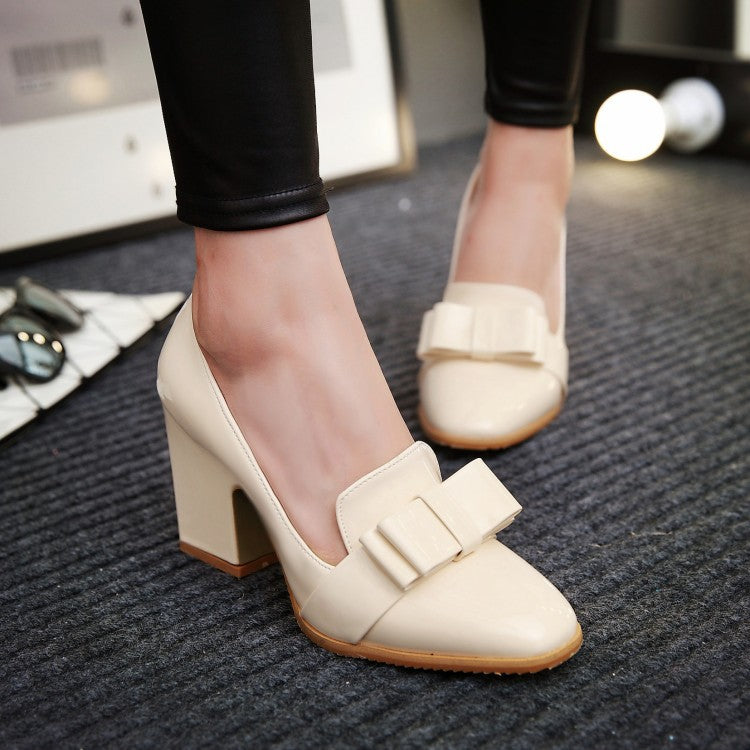 Chunky High Heels Bow Shallow Toe Women Pumps