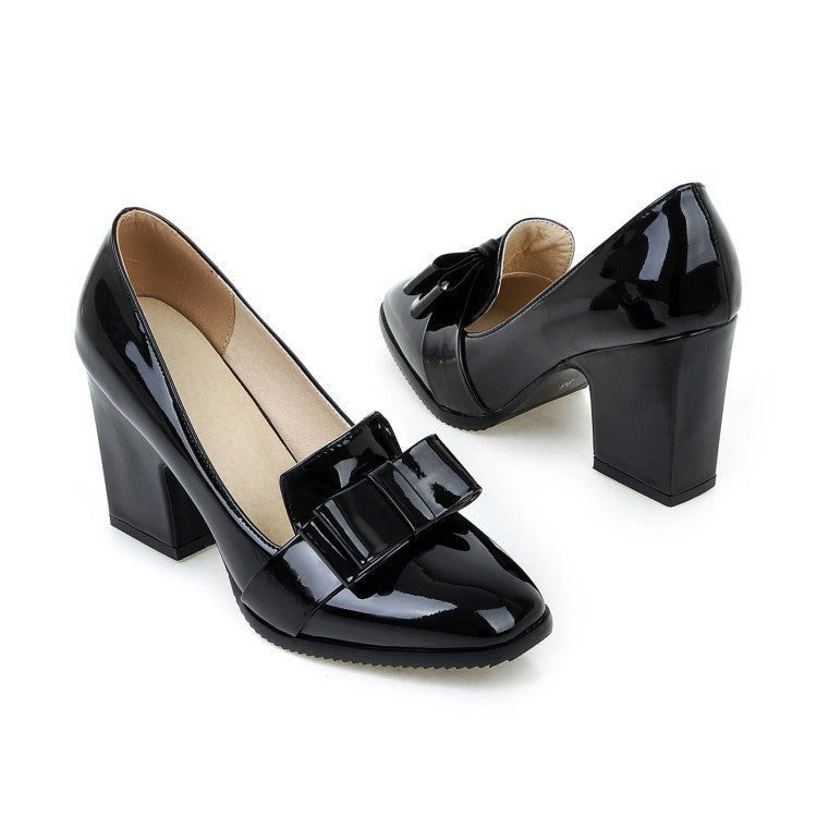 Chunky High Heels Bow Shallow Toe Women Pumps