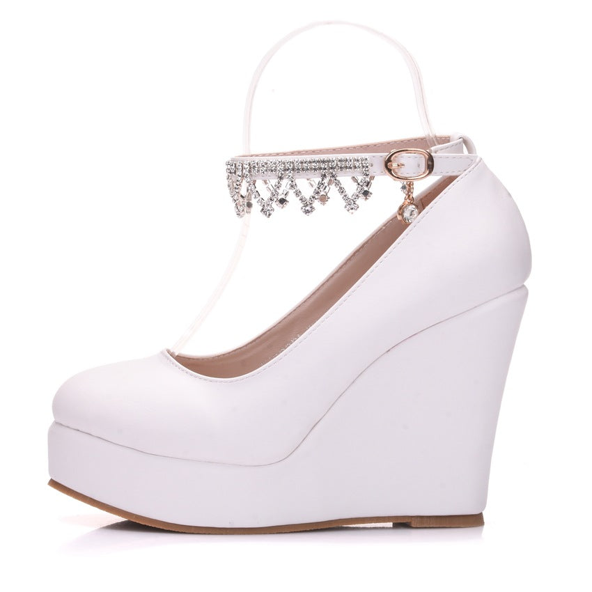 Women Round Toe Rhinestone Ankle Strap Wedge Heel Platform Pumps