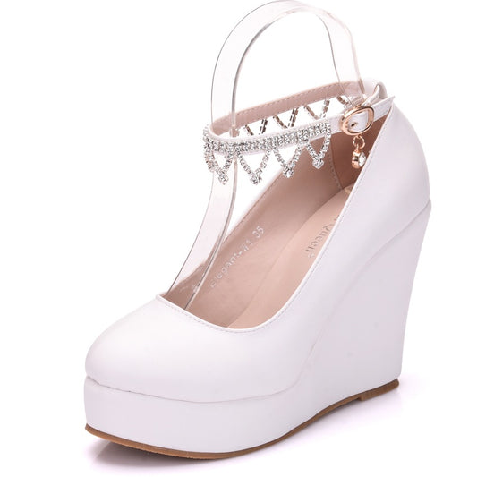 Women Round Toe Rhinestone Ankle Strap Wedge Heel Platform Pumps