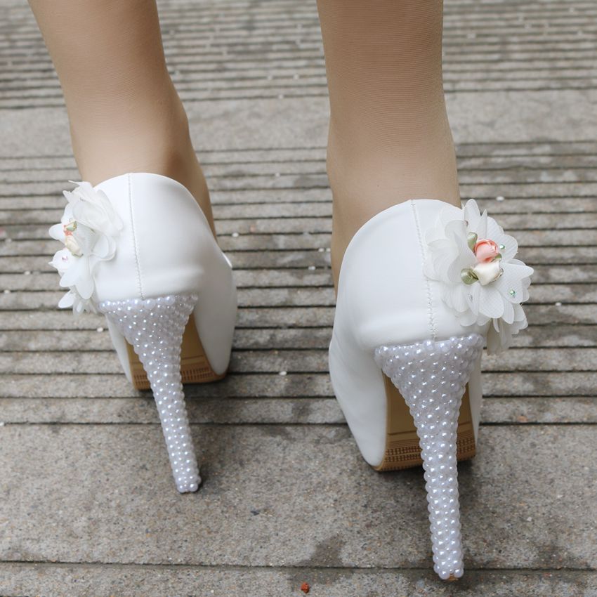 Women Pearls Almond Toe Flora Bridal Stiletto Heel Platform Pumps Wedding Shoes