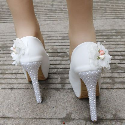 Women Pearls Almond Toe Flora Bridal Stiletto Heel Platform Pumps Wedding Shoes