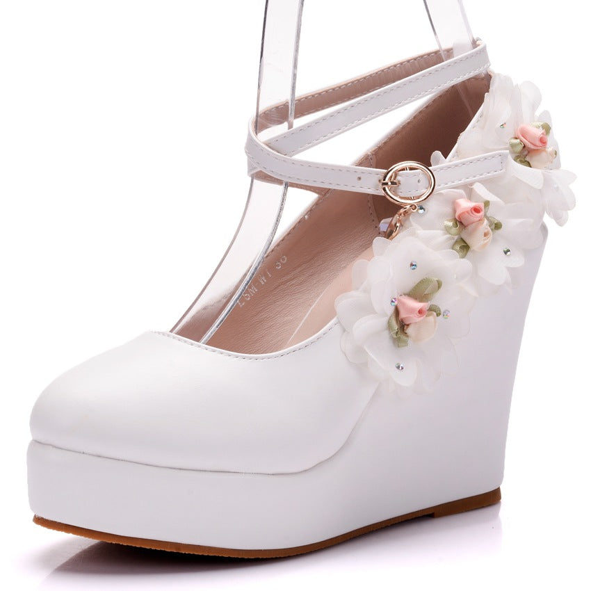 Women Round Toe Flora Crossed Ankle Strap Wedge Heel Platform Pumps