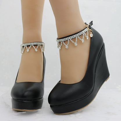 Women Round Toe Rhinestone Ankle Strap Wedge Heel Platform Pumps