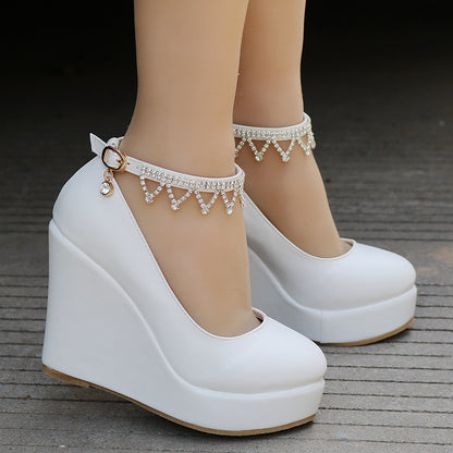 Women Round Toe Rhinestone Ankle Strap Wedge Heel Platform Pumps