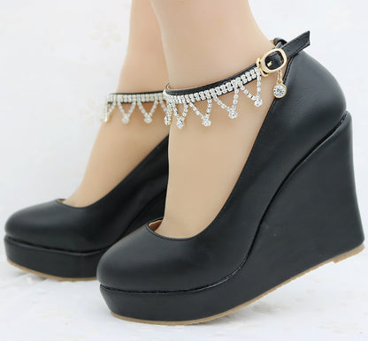 Women Round Toe Rhinestone Ankle Strap Wedge Heel Platform Pumps