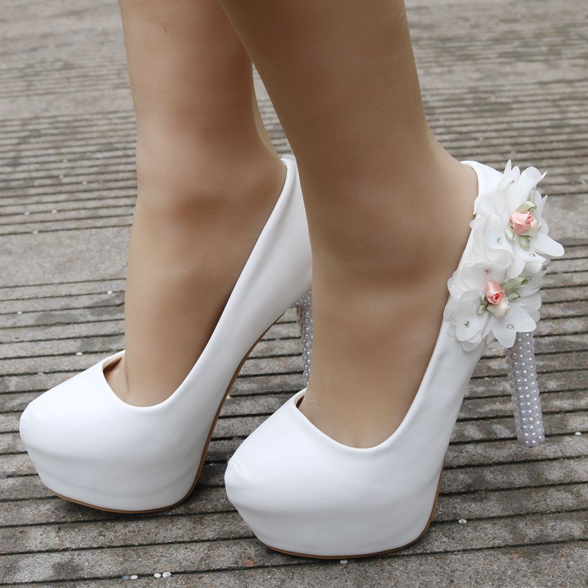 Women Pearls Almond Toe Flora Bridal Stiletto Heel Platform Pumps Wedding Shoes