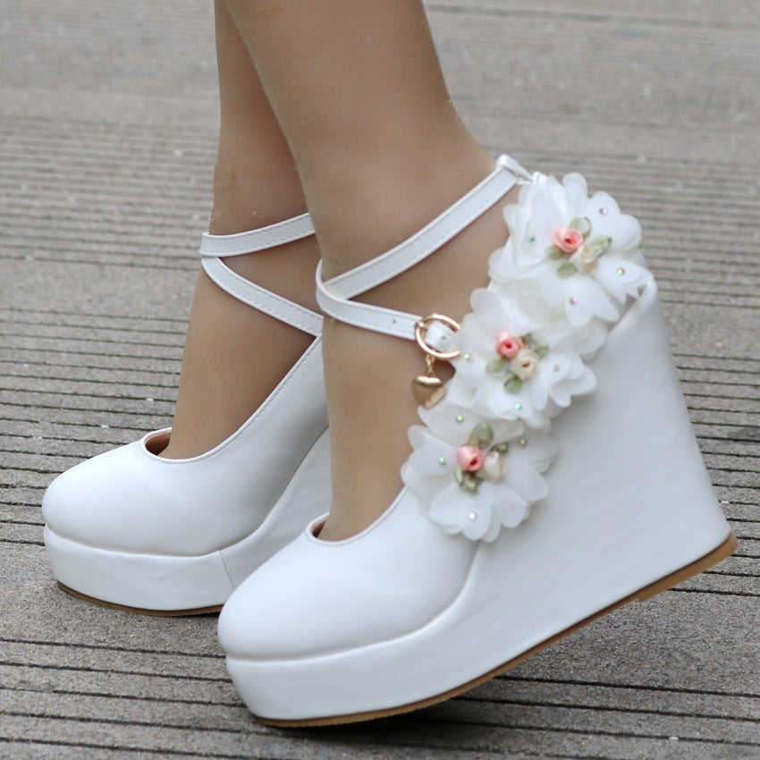 Women Round Toe Flora Crossed Ankle Strap Wedge Heel Platform Pumps