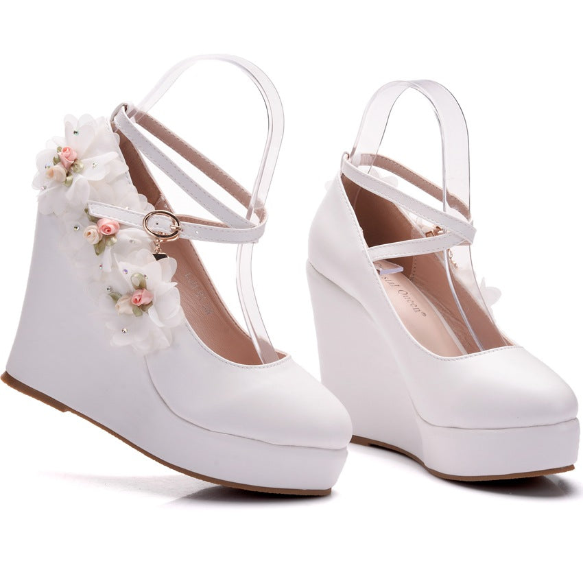 Women Round Toe Flora Crossed Ankle Strap Wedge Heel Platform Pumps