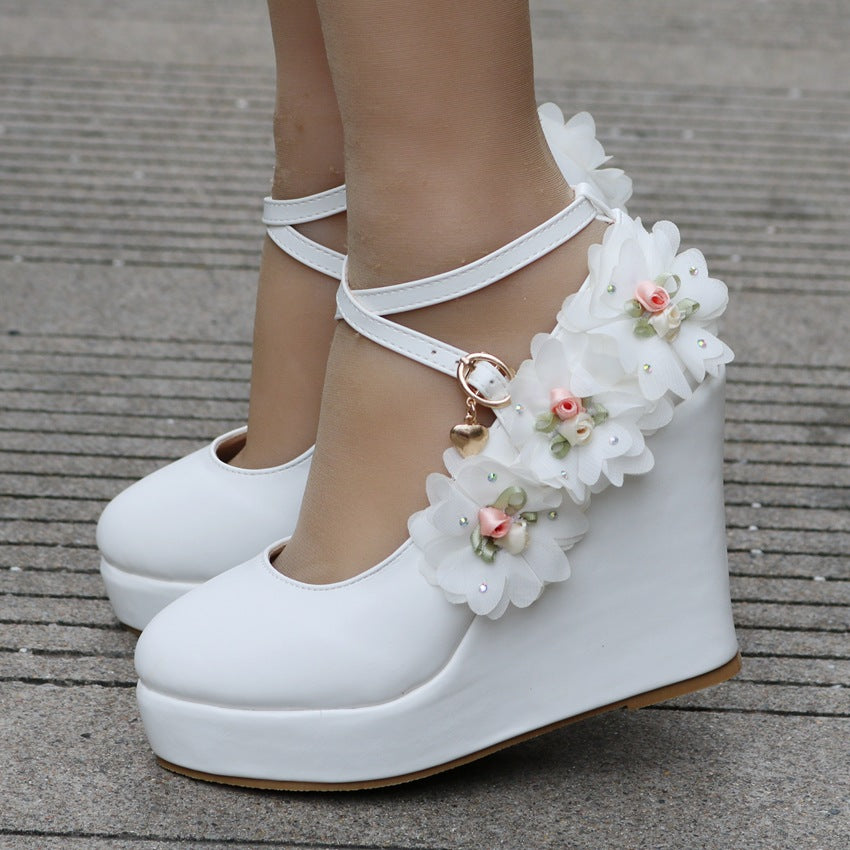 Women Round Toe Flora Crossed Ankle Strap Wedge Heel Platform Pumps