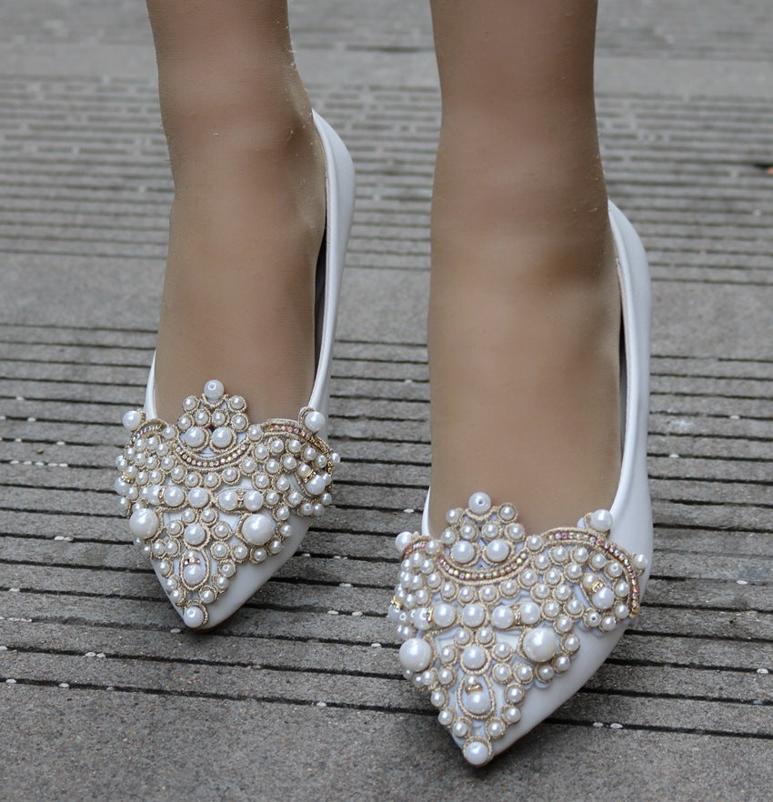 Women Pointed Toe Shallow Rhinestone Beads Flats