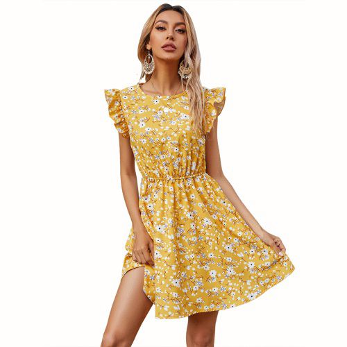 Womens Ruffle Flower Short Sleeved Dress