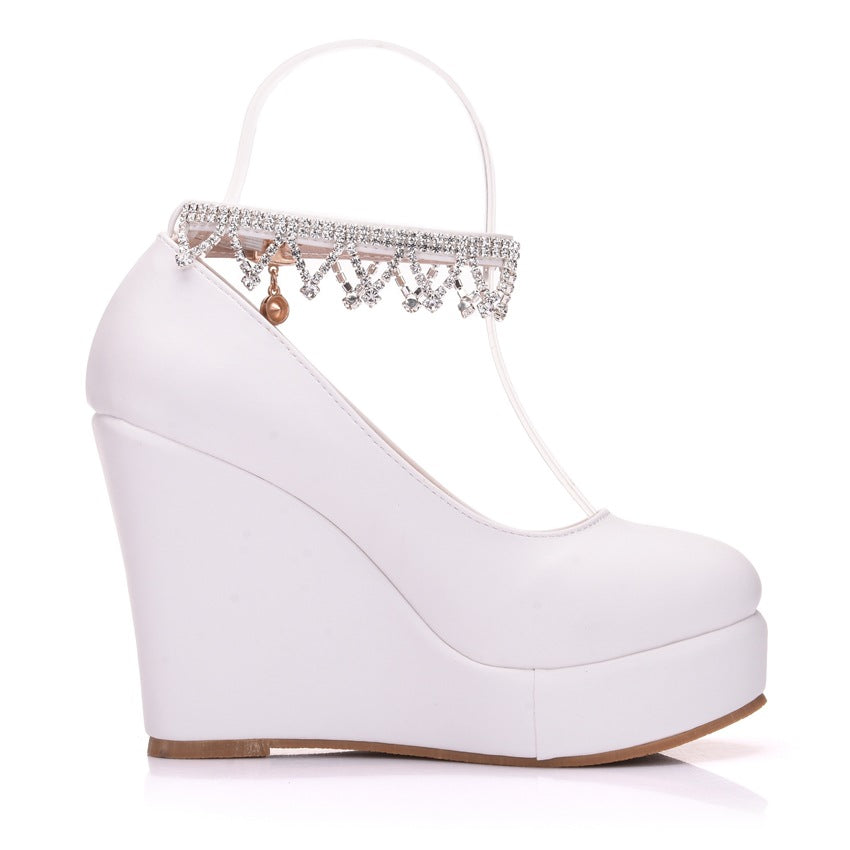 Women Round Toe Rhinestone Ankle Strap Wedge Heel Platform Pumps