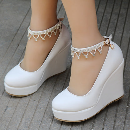 Women Round Toe Rhinestone Ankle Strap Wedge Heel Platform Pumps