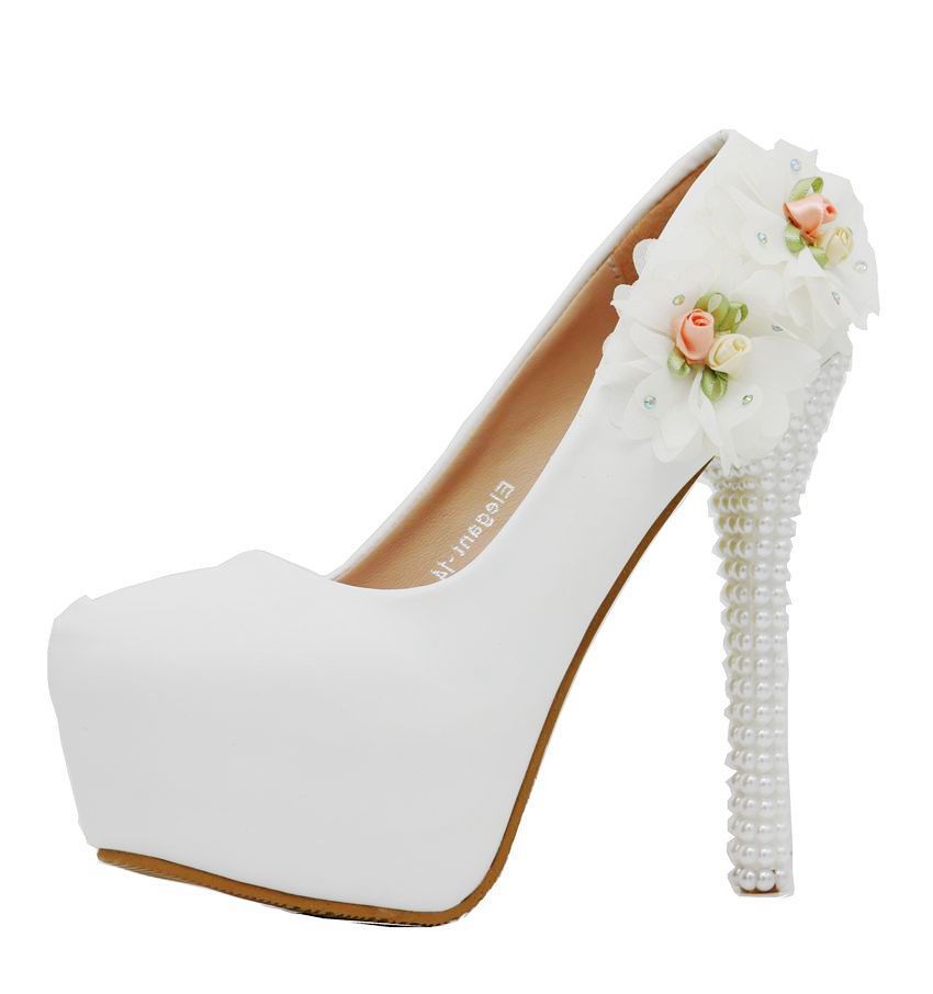 Women Pearls Almond Toe Flora Bridal Stiletto Heel Platform Pumps Wedding Shoes