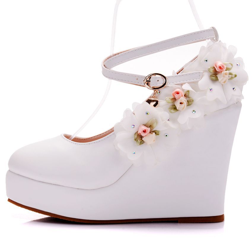 Women Round Toe Flora Crossed Ankle Strap Wedge Heel Platform Pumps