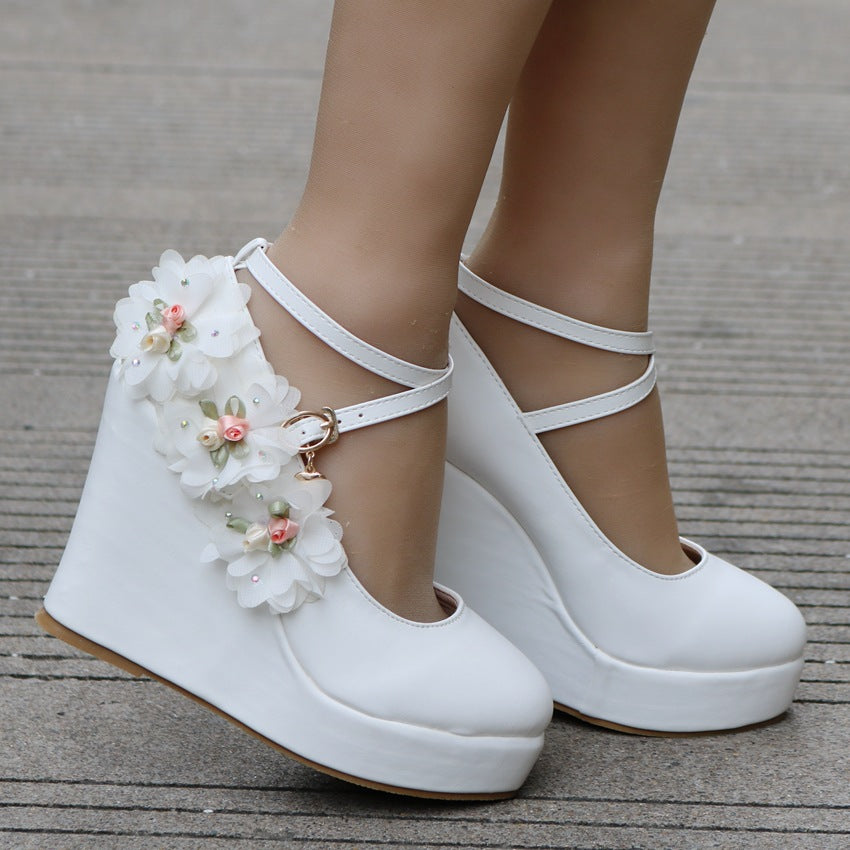 Women Round Toe Flora Crossed Ankle Strap Wedge Heel Platform Pumps