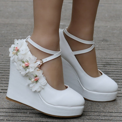 Women Round Toe Flora Crossed Ankle Strap Wedge Heel Platform Pumps