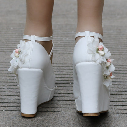 Women Round Toe Flora Crossed Ankle Strap Wedge Heel Platform Pumps