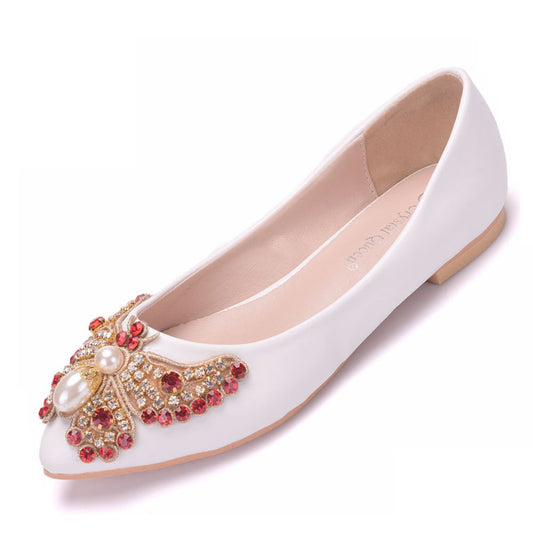 Women Pointed Toe Shallow Rhinestone Bow Tie Bridal Flats Wedding Shoes