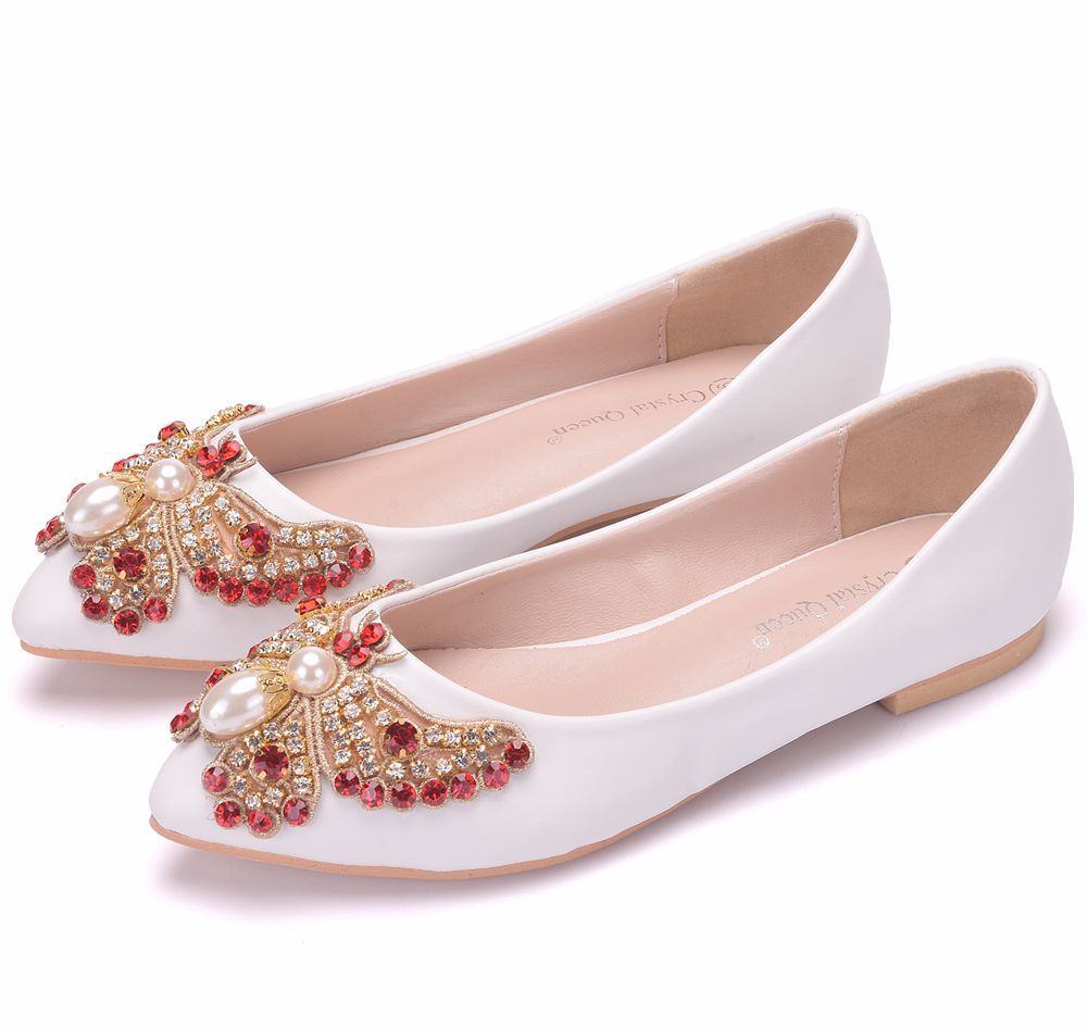 Women Pointed Toe Shallow Rhinestone Bow Tie Bridal Flats Wedding Shoes