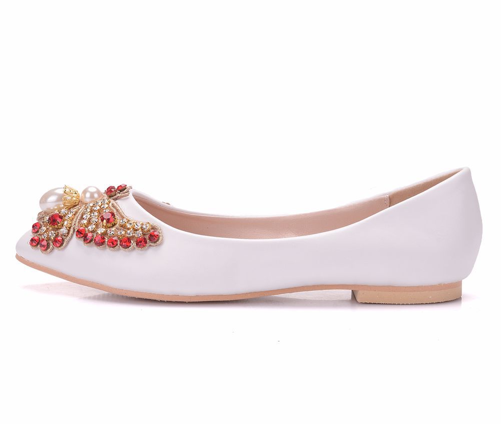 Women Pointed Toe Shallow Rhinestone Bow Tie Bridal Flats Wedding Shoes