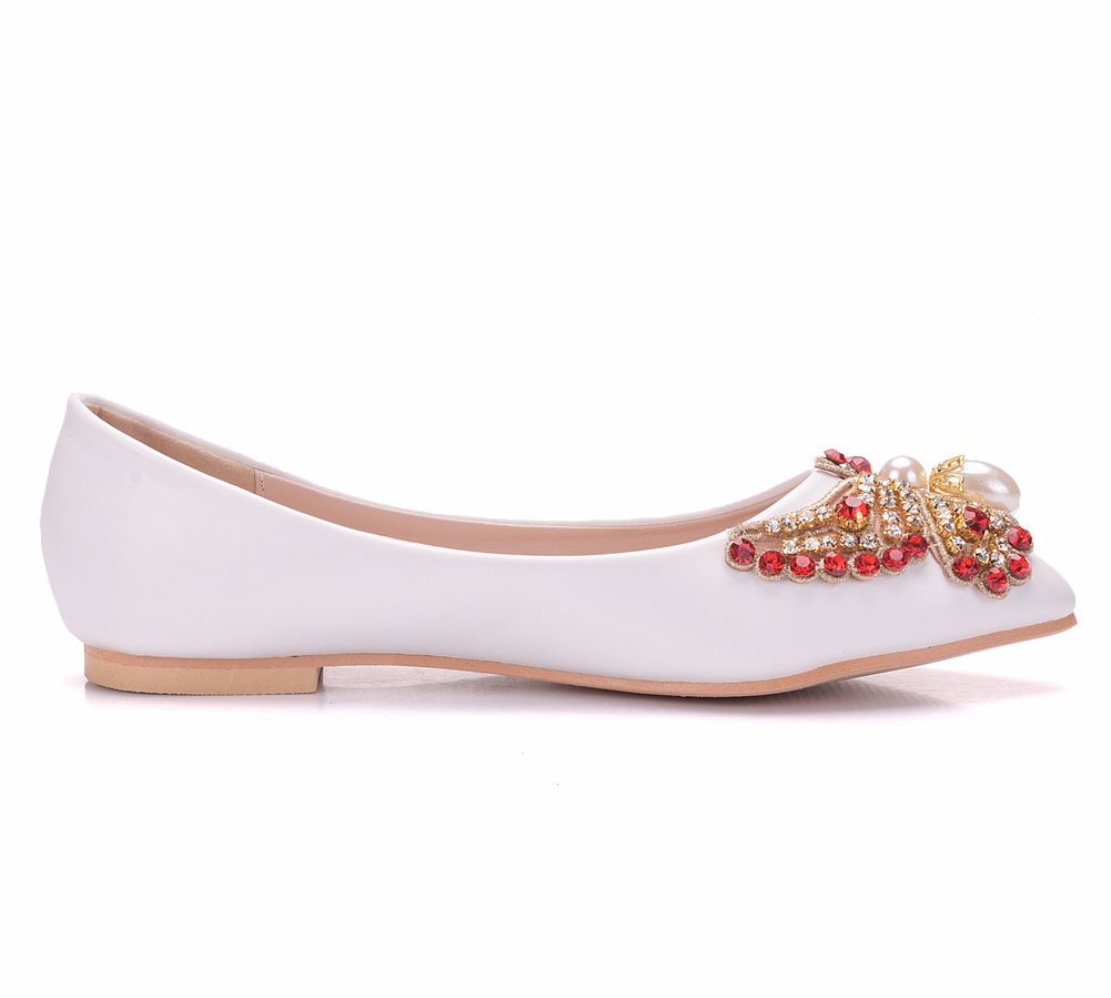 Women Pointed Toe Shallow Rhinestone Bow Tie Bridal Flats Wedding Shoes