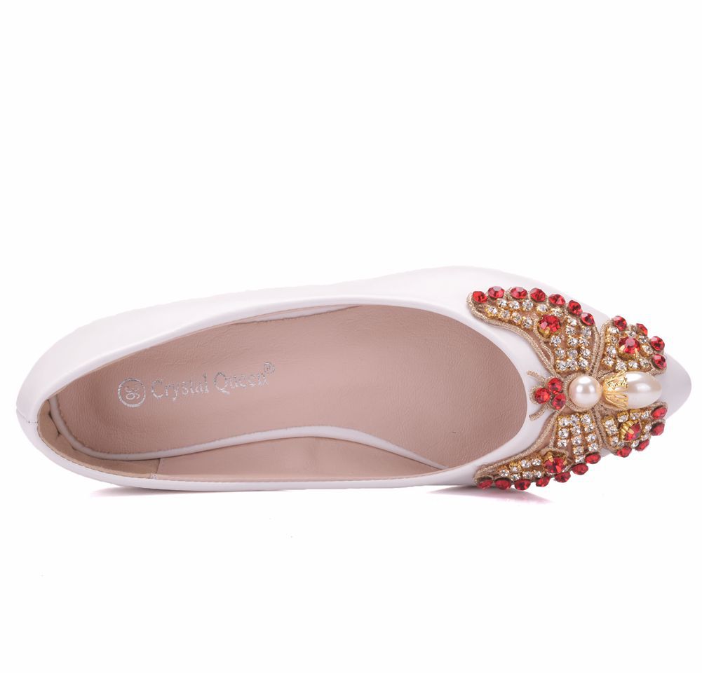 Women Pointed Toe Shallow Rhinestone Bow Tie Bridal Flats Wedding Shoes