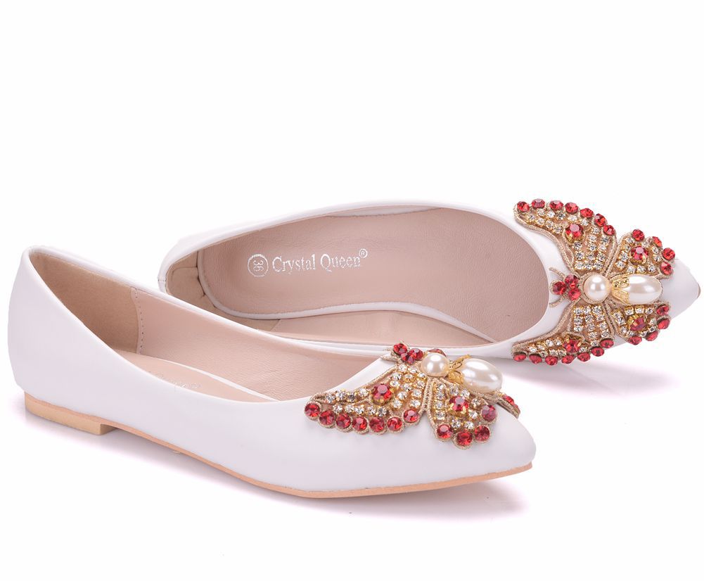 Women Pointed Toe Shallow Rhinestone Bow Tie Bridal Flats Wedding Shoes
