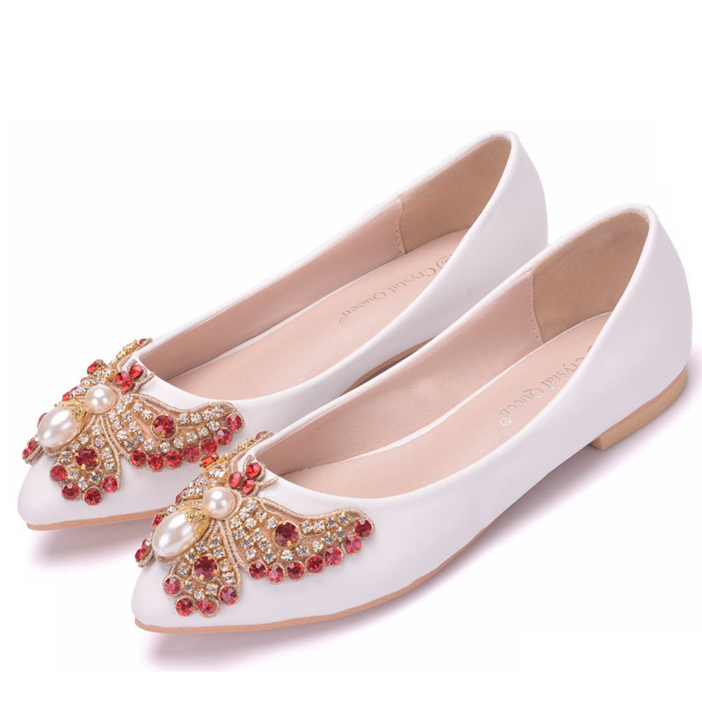Women Pointed Toe Shallow Rhinestone Bow Tie Bridal Flats Wedding Shoes