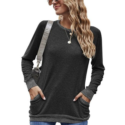 Women Color Contrast Pocket Sweater Long Sleeve Pullover Sweatshirt T-shirt