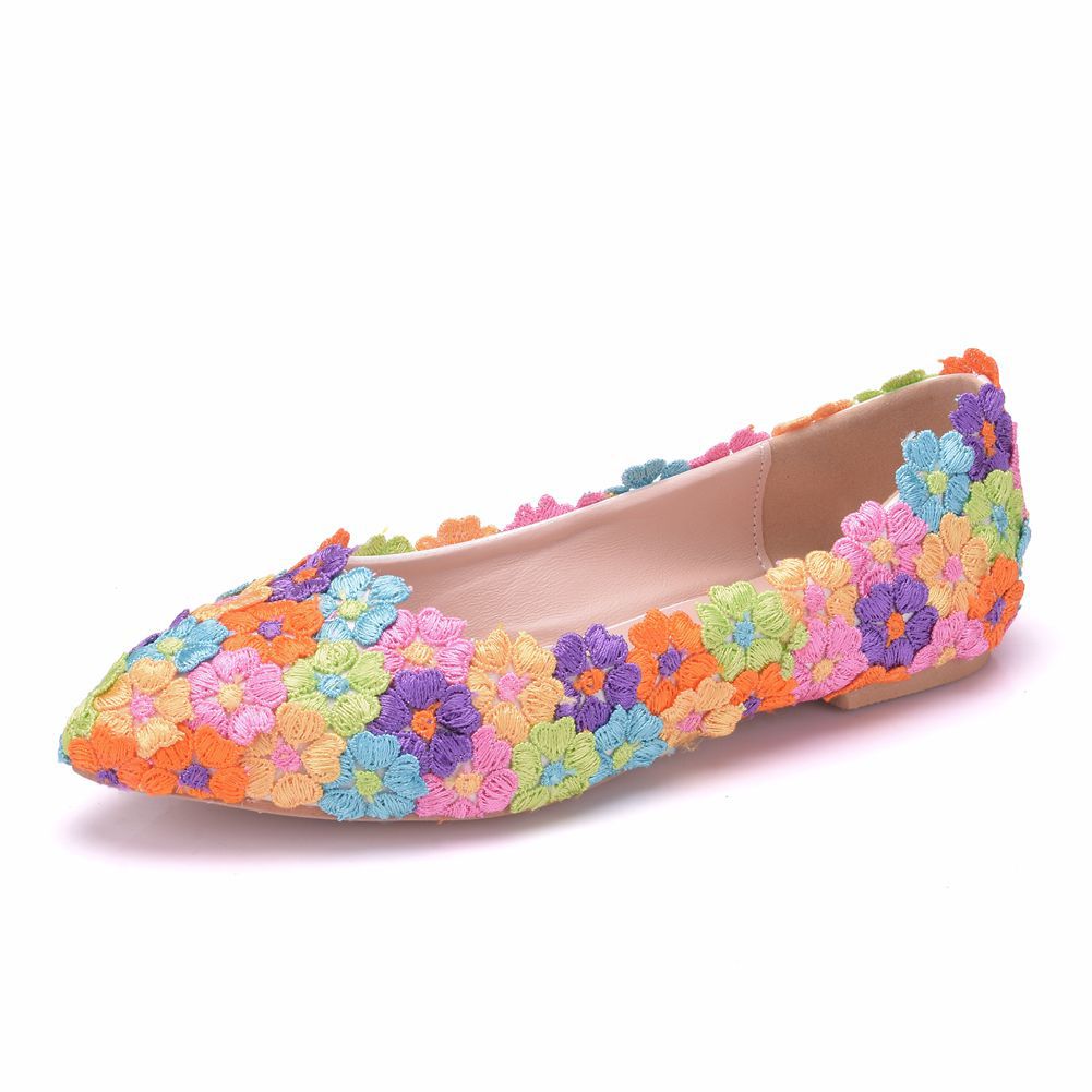 Women Pointed Toe Shallow Colorful Lace Flora Bridal Wedding Flat Shoes