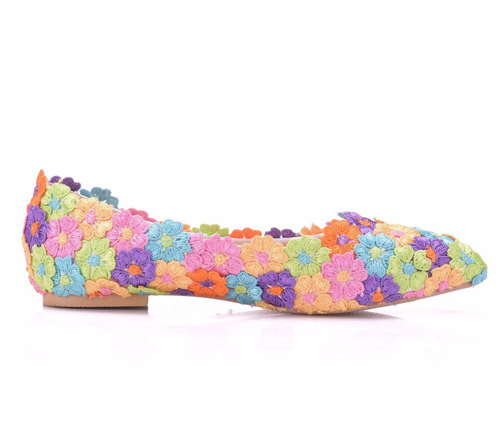 Women Pointed Toe Shallow Colorful Lace Flora Bridal Wedding Flat Shoes