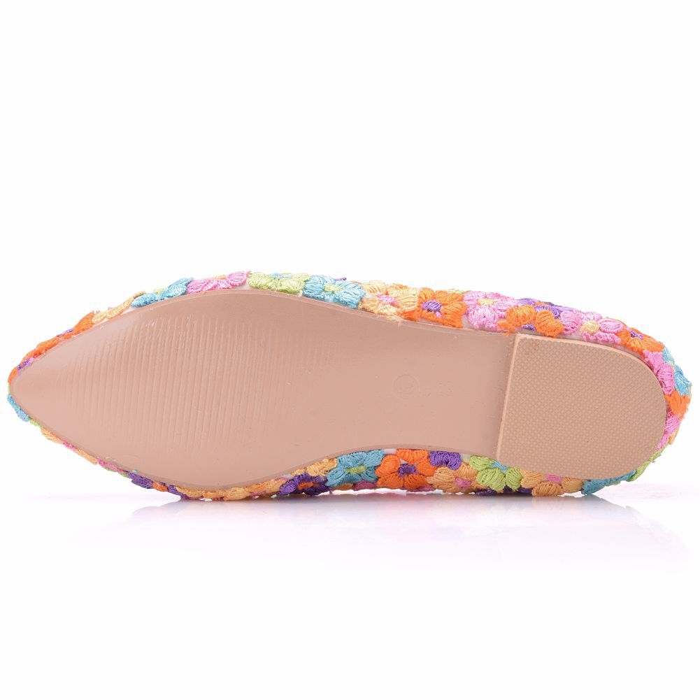 Women Pointed Toe Shallow Colorful Lace Flora Bridal Wedding Flat Shoes