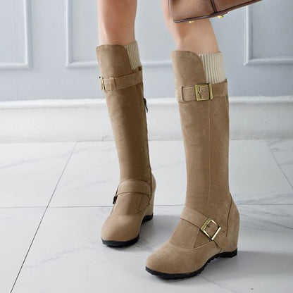 Women Buckle Wedge Heels Knee High Boots