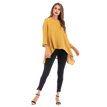 V-neck Irregular Half Sleeve Loose Casual Solid Color Top Women T Shirts