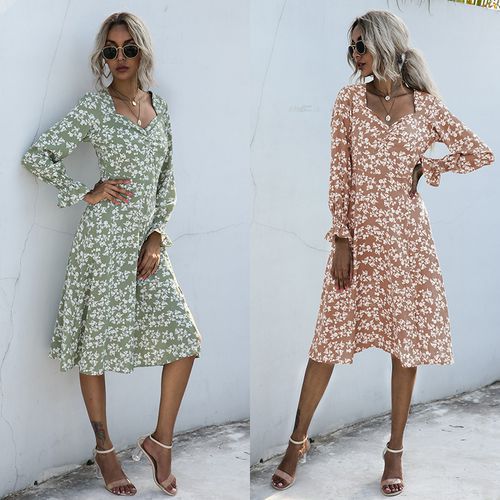 Women Floral High Waist V-neck Long A-line Dress