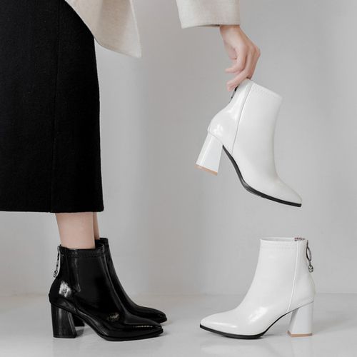 Women Pointed Toe Patent Leather High Heels Short Boots