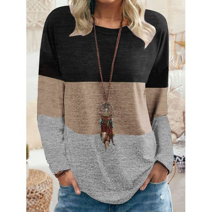 Womens Round Neck Pullover Color Contrast Top T-shirt