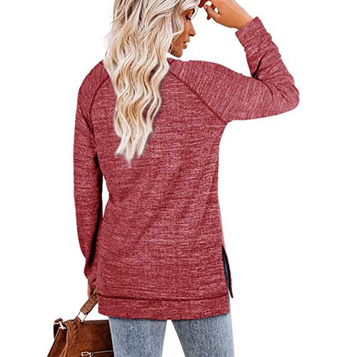 Womens Solid Color Round Neck Pullover Long Sleeved Top