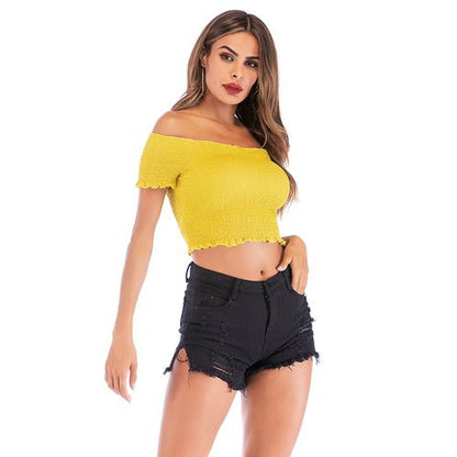 Short  with Straight Neck and Navel Short-sleeved Women T Shirts