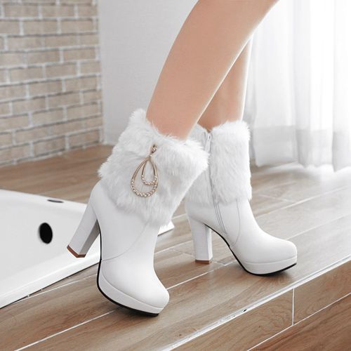 Women's Rhinestone Zipper High Heels Platform Short Boots