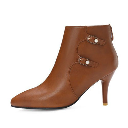 Pointed Toe Buckle Women's High Heeled Ankle Boots