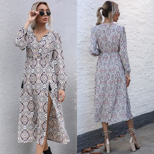 French Print Spring Summer Beam Waist Medium Length A-word Skirt Women Dresses