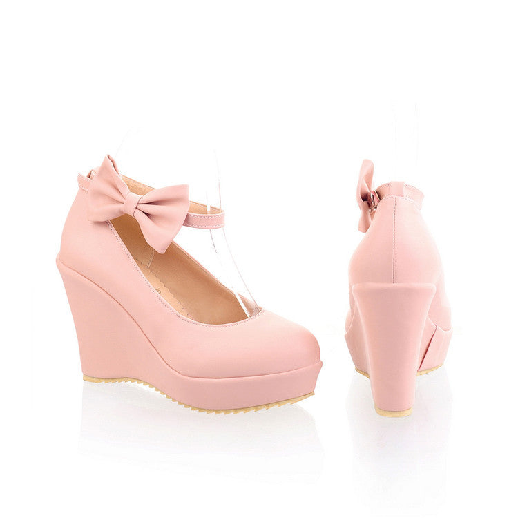 Women's Sweet Bow High-heeled Shallow Mouth Platform Wedges Shoes