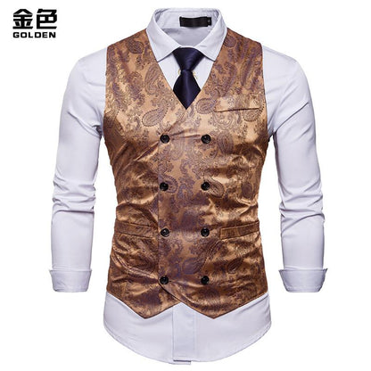 Men's Fashion Color Block Gentleman Suit Casual Printing Vest Blazer Vest