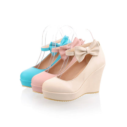 Women's Sweet Bow High-heeled Shallow Mouth Platform Wedges Shoes