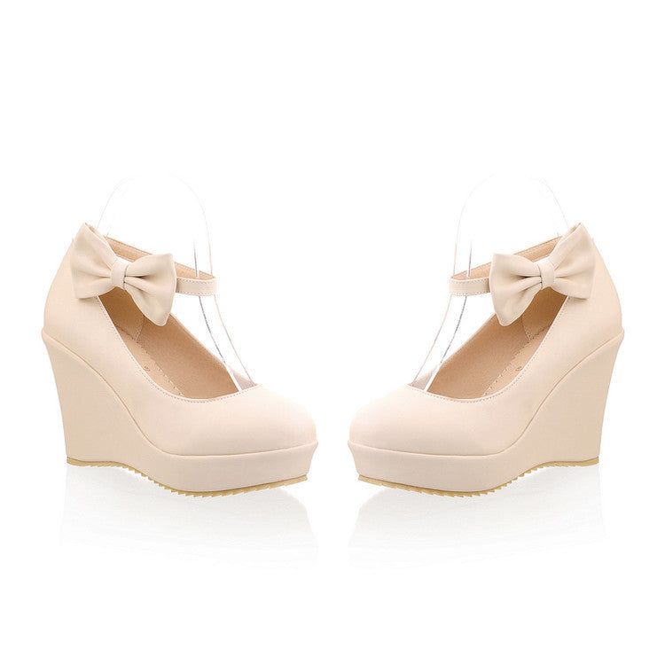 Women's Sweet Bow High-heeled Shallow Mouth Platform Wedges Shoes